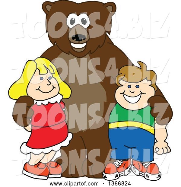 Vector Illustration of a Cartoon Grizzly Bear School Mascot Posing with Students