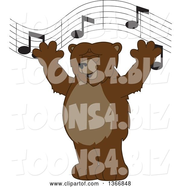 Vector Illustration of a Cartoon Grizzly Bear School Mascot Singing Under Music Notes