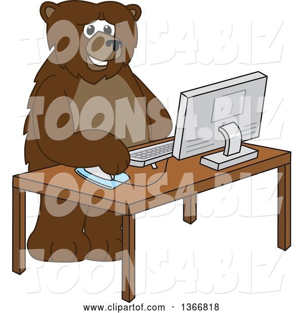 Vector Illustration of a Cartoon Grizzly Bear School Mascot Using a Desktop Computer