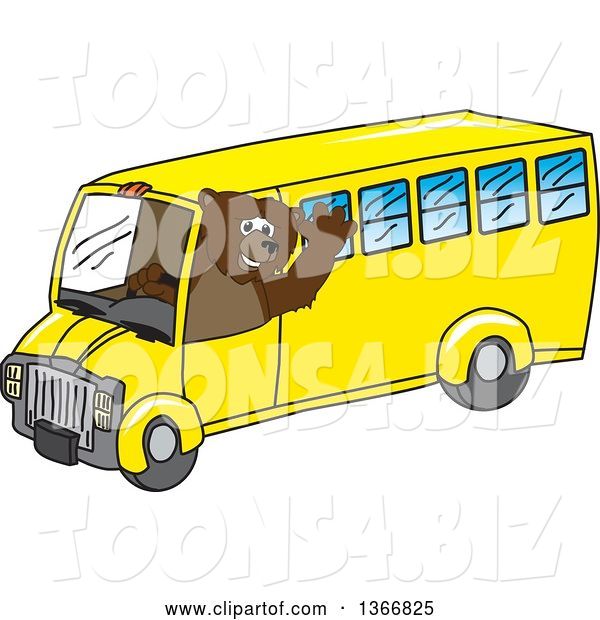 Vector Illustration of a Cartoon Grizzly Bear School Mascot Waving and Driving a Bus