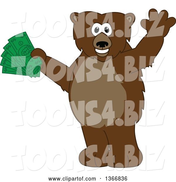 Vector Illustration of a Cartoon Grizzly Bear School Mascot Waving and Holding Cash Money