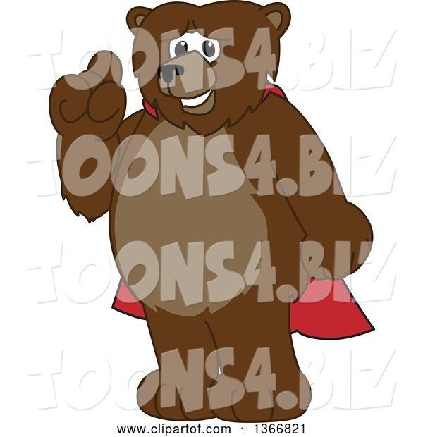 Vector Illustration of a Cartoon Grizzly Bear School Mascot Wearing a Cape and Holding up a Finger
