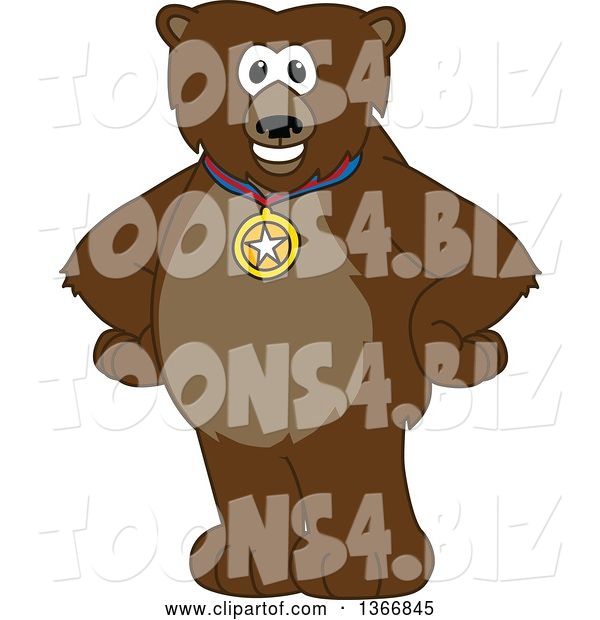 Vector Illustration of a Cartoon Grizzly Bear School Mascot Wearing a Sports Medal