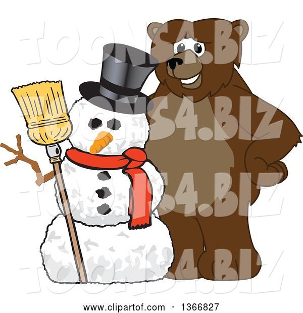 Vector Illustration of a Cartoon Grizzly Bear School Mascot with a Christmas Snowman