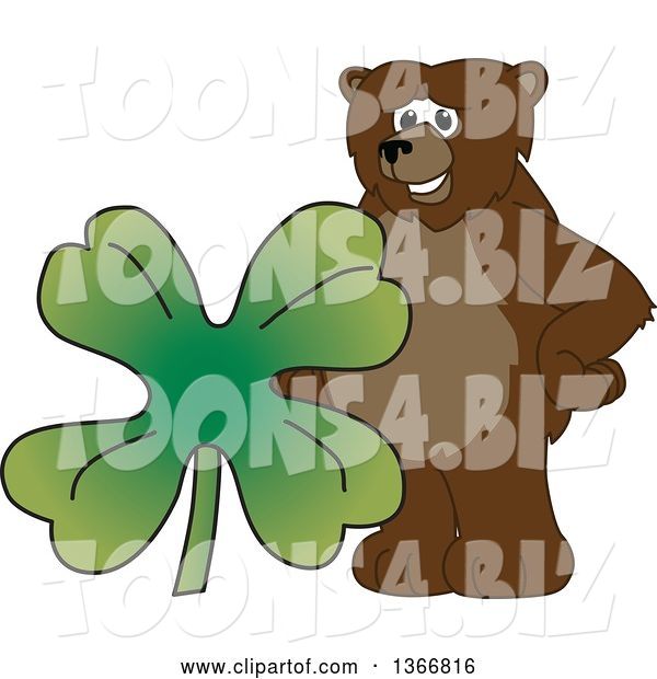 Vector Illustration of a Cartoon Grizzly Bear School Mascot with a Four Leaf St Patricks Day Clover