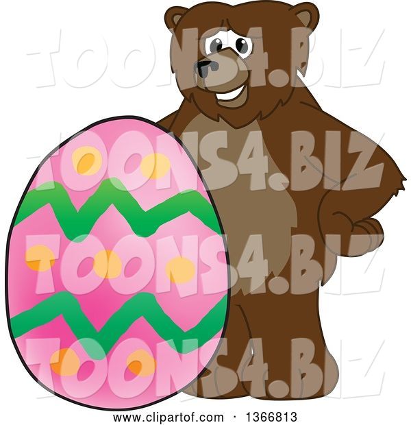 Vector Illustration of a Cartoon Grizzly Bear School Mascot with an Easter Egg