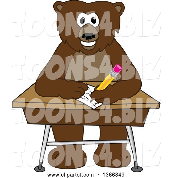 Vector Illustration of a Cartoon Grizzly Bear School Mascot Writing at a Desk