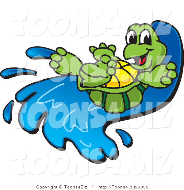 Vector Illustration of a Cartoon Happy Tortoise Mascot on a Water Slide