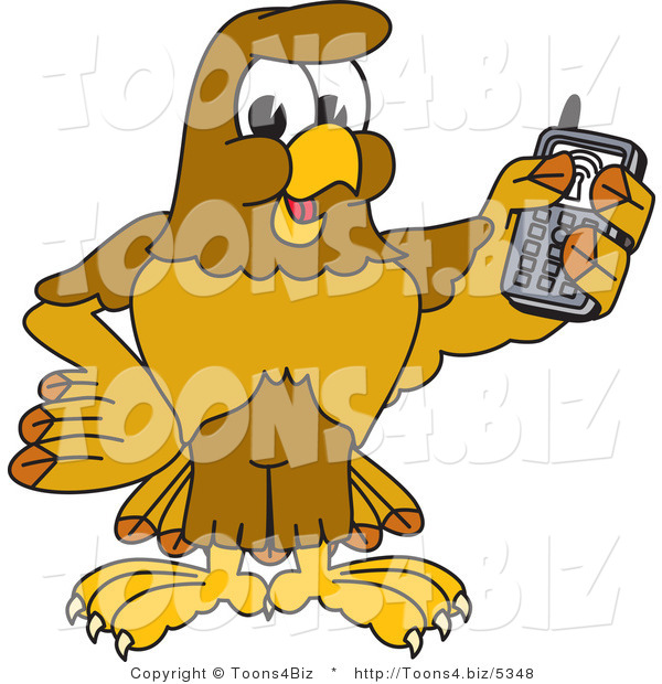 Vector Illustration of a Cartoon Hawk Mascot Character Holding a Cell Phone