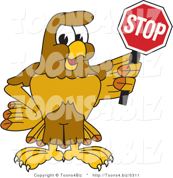 Vector Illustration of a Cartoon Hawk Mascot Character Holding a Stop Sign