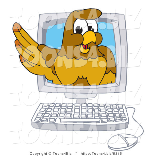 Vector Illustration of a Cartoon Hawk Mascot Character in a Computer