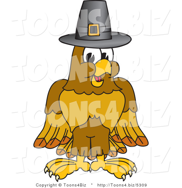Vector Illustration of a Cartoon Hawk Mascot Character in a Pilgrim Hat