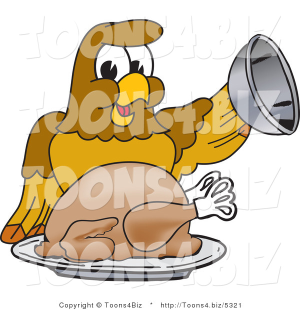 Vector Illustration of a Cartoon Hawk Mascot Character Serving a Turkey