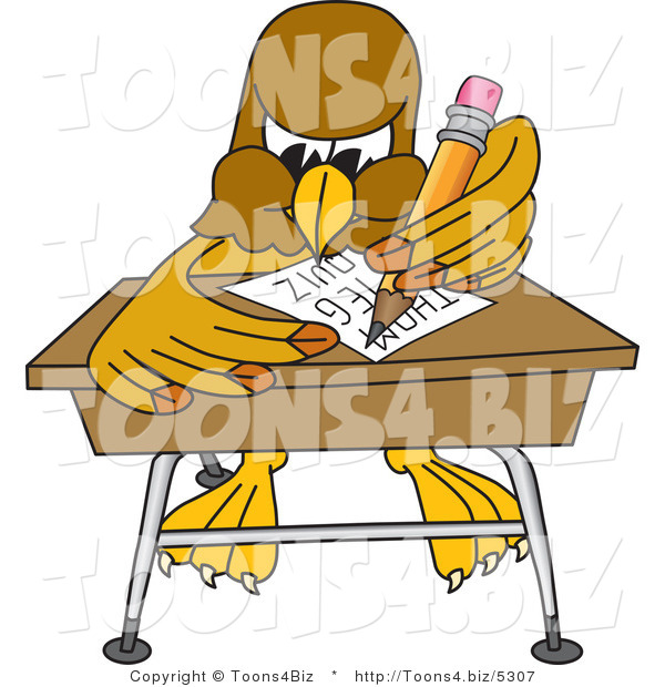 Vector Illustration of a Cartoon Hawk Mascot Character Taking a Quiz