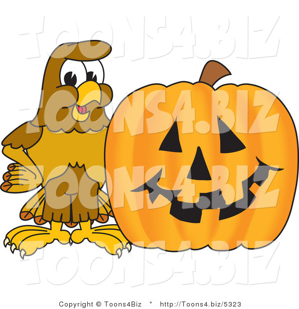 Vector Illustration of a Cartoon Hawk Mascot Character with a Pumpkin