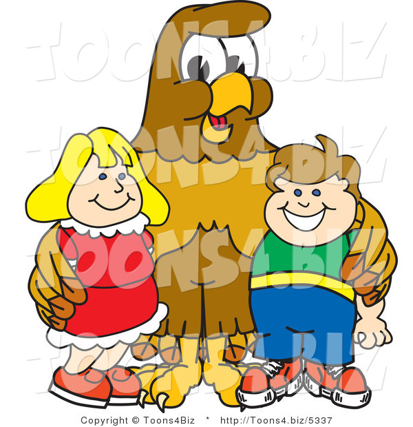 Vector Illustration of a Cartoon Hawk Mascot Character with Children