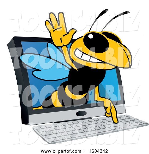 Vector Illustration of a Cartoon Hornet School Mascot Emerging from a Computer Screen