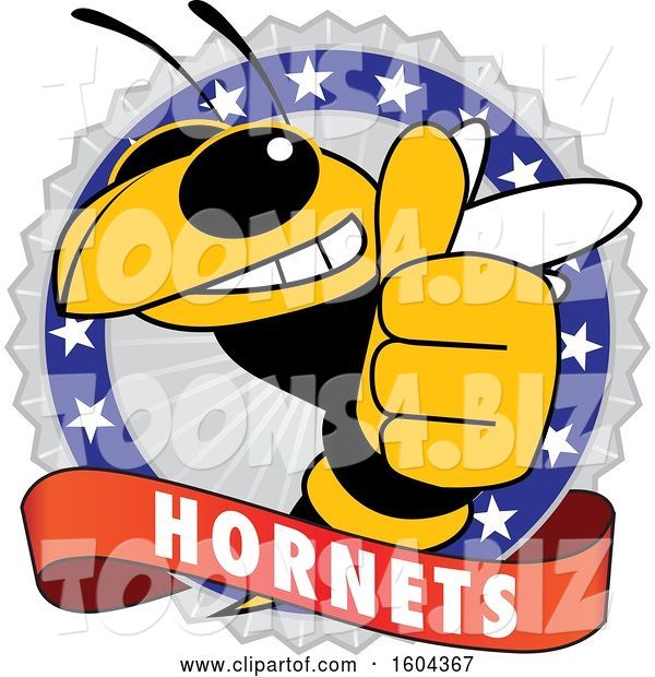 Vector Illustration of a Cartoon Hornet School Mascot Giving a Thumb up on a Badge