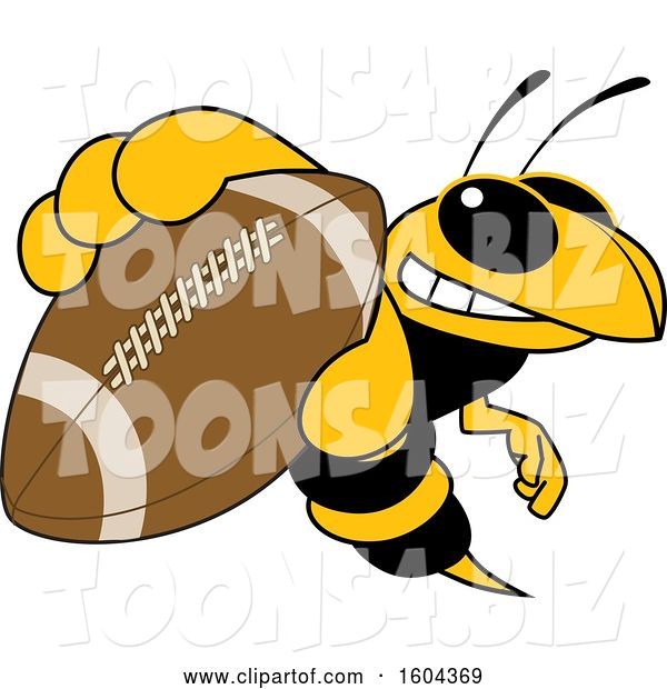 Vector Illustration of a Cartoon Hornet School Mascot Grabbing a Football