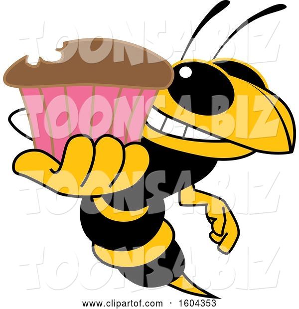 Vector Illustration of a Cartoon Hornet School Mascot Holding a Cupcake