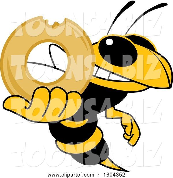Vector Illustration of a Cartoon Hornet School Mascot Holding a Donut