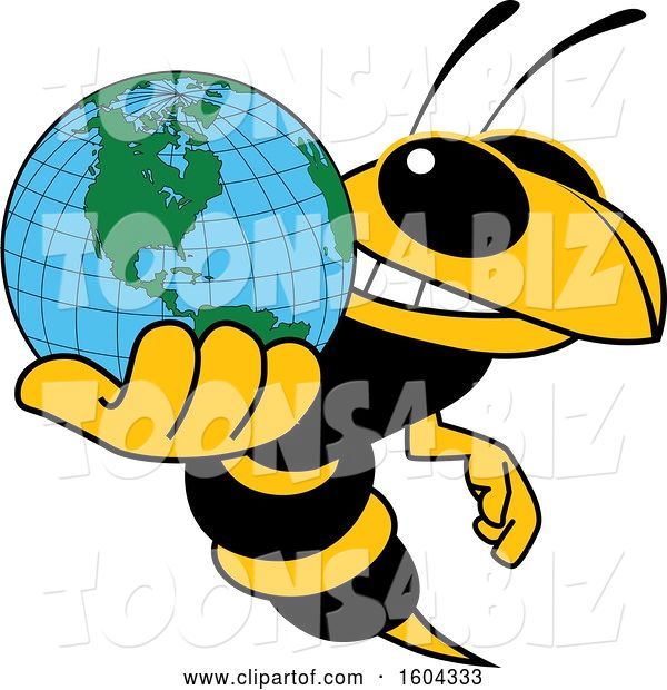 Vector Illustration of a Cartoon Hornet School Mascot Holding a Globe