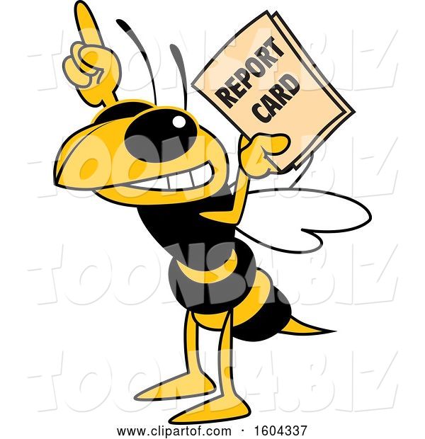 Vector Illustration of a Cartoon Hornet School Mascot Holding a Report Card
