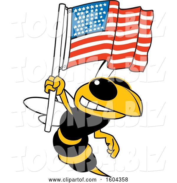 Vector Illustration of a Cartoon Hornet School Mascot Holding an American Flag