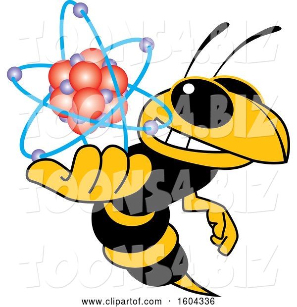 Vector Illustration of a Cartoon Hornet School Mascot Holding an Atom