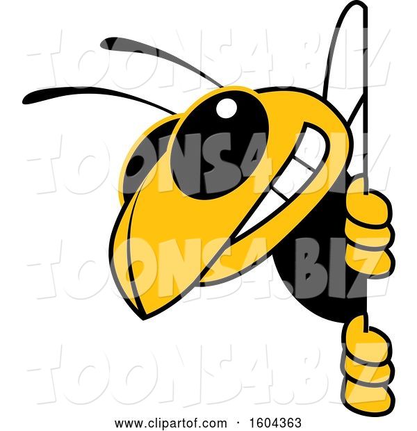 Vector Illustration of a Cartoon Hornet School Mascot Looking Around a Sign