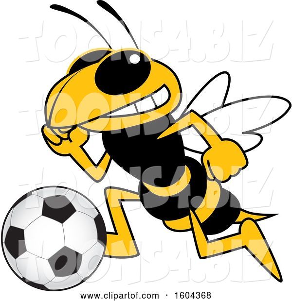 Vector Illustration of a Cartoon Hornet School Mascot Playing Soccer