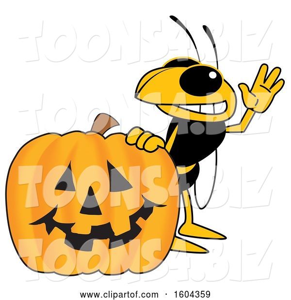 Vector Illustration of a Cartoon Hornet School Mascot with a Halloween Pumpkin