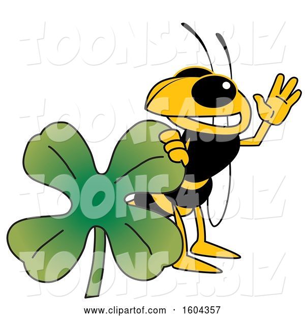 Vector Illustration of a Cartoon Hornet School Mascot with a St Patricks Day Clover