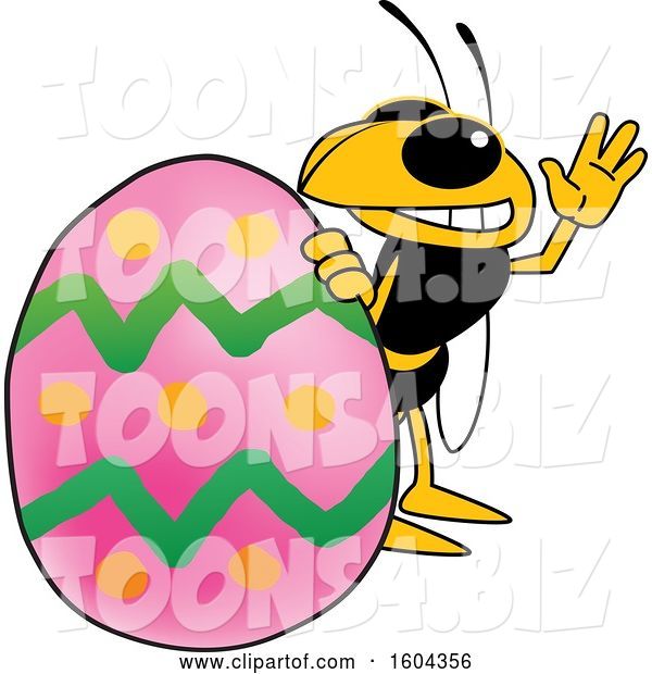 Vector Illustration of a Cartoon Hornet School Mascot with an Easter Egg