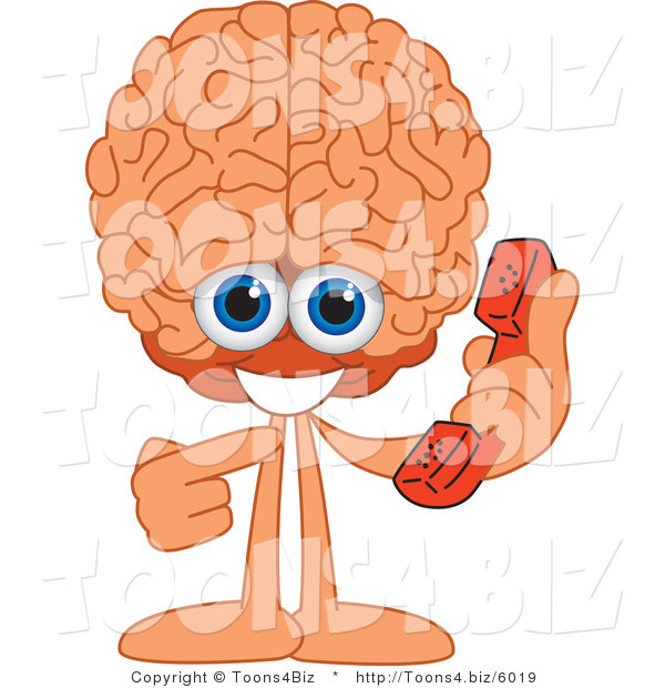Vector Illustration of a Cartoon Human Brain Mascot Holding a Phone