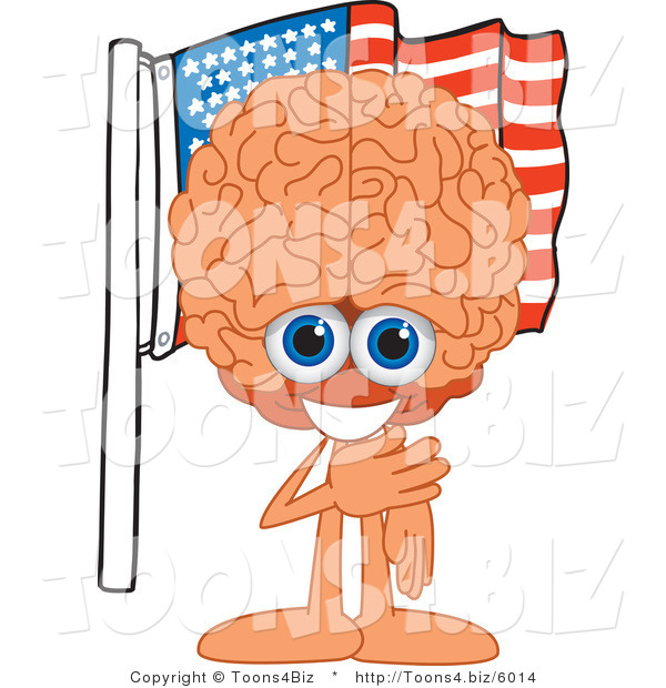 Vector Illustration of a Cartoon Human Brain Mascot Pledging Allegiance to an American Flag