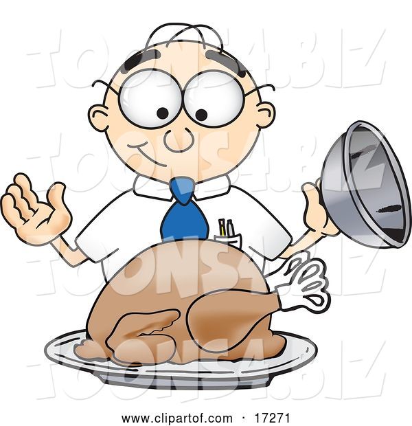 Vector Illustration of a Cartoon Hungry White Businessman Nerd Mascot Eyeing a Cooked Thanksgiving Turkey on a Platter