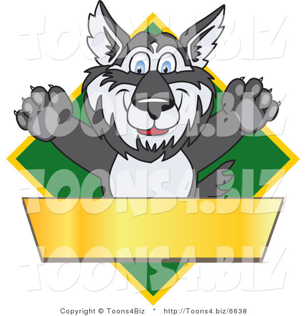 Vector Illustration of a Cartoon Husky Mascot Logo over a Green Diamond with a Blank Gold Banner
