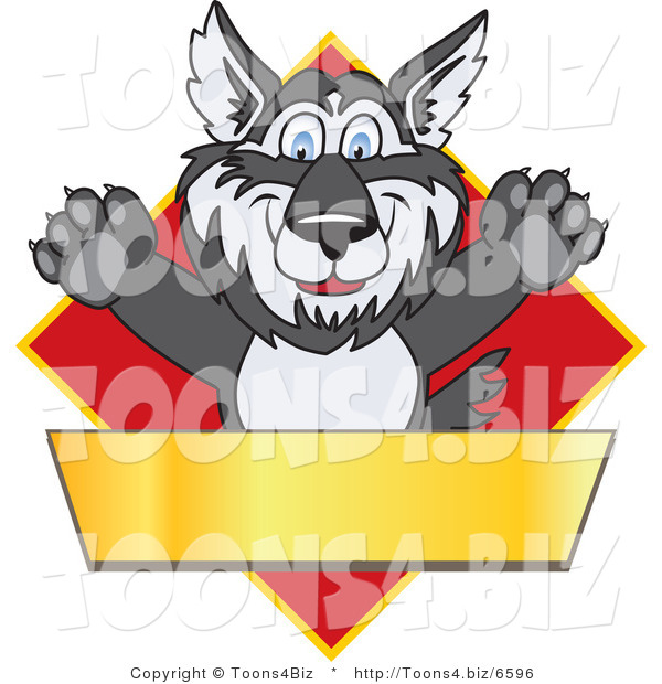 Vector Illustration of a Cartoon Husky Mascot Logo over a Red Diamond with a Blank Gold Banner