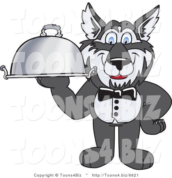 Vector Illustration of a Cartoon Husky Mascot Waiter Carrying a Platter