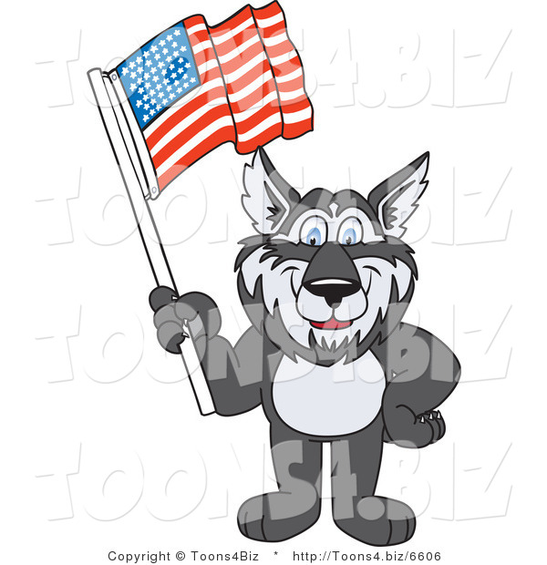 Vector Illustration of a Cartoon Husky Mascot Waving an American Flag