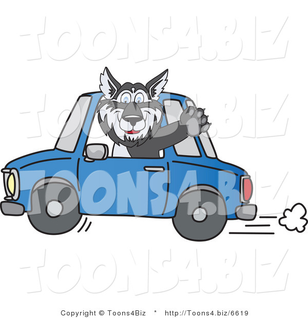 Vector Illustration of a Cartoon Husky Mascot Waving and Driving a Car