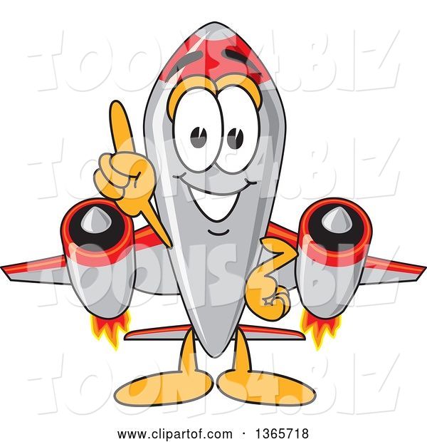 Vector Illustration of a Cartoon Jet Aircraft Mascot with Number One Finger Pointing up Towards Sky