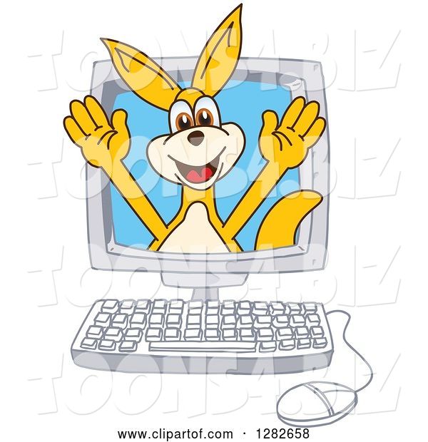 Vector Illustration of a Cartoon Kangaroo Mascot Emerging from a Desktop Computer Screen