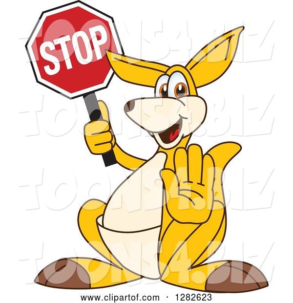 Vector Illustration of a Cartoon Kangaroo Mascot Gesturing and Holding a Stop Sign