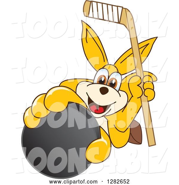 Vector Illustration of a Cartoon Kangaroo Mascot Holding up an Ice Hockey Stick and Puck