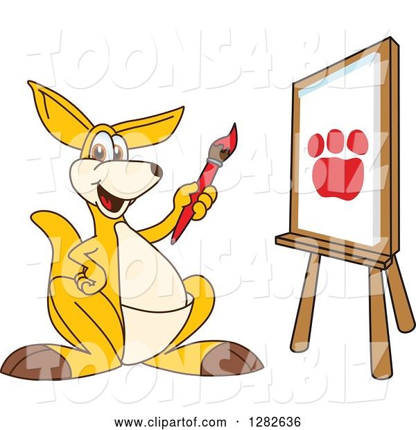 Vector Illustration of a Cartoon Kangaroo Mascot Painting a Paw Print on an Art Canvas