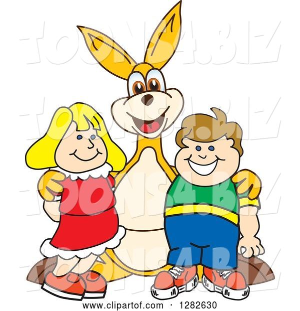 Vector Illustration of a Cartoon Kangaroo Mascot Posing with School Children