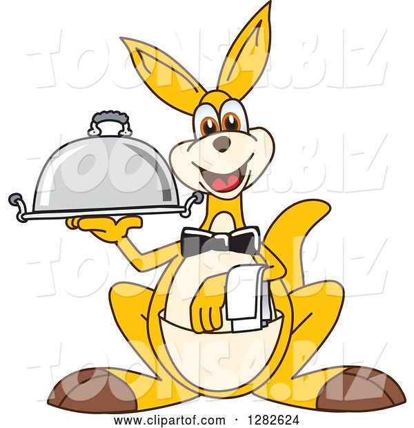 Vector Illustration of a Cartoon Kangaroo Mascot Waiter Holding a Cloche Platter