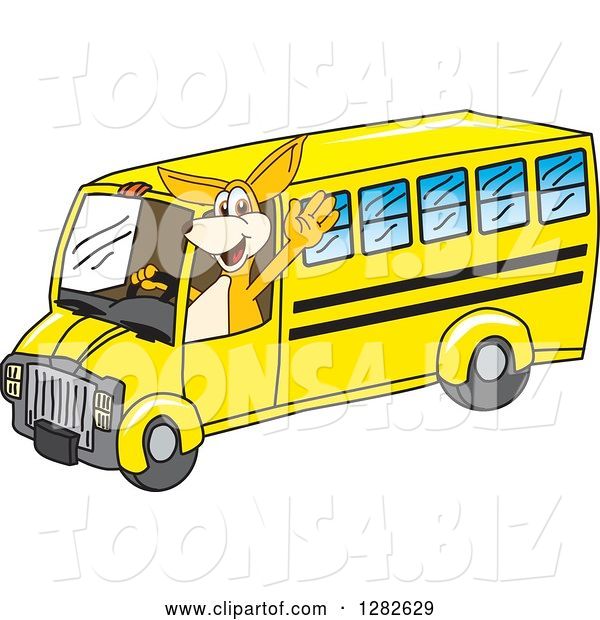 Vector Illustration of a Cartoon Kangaroo Mascot Waving and Driving a Bus
